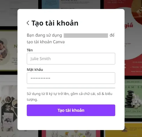 Nhập email để tạo t&agrave;i khoản.